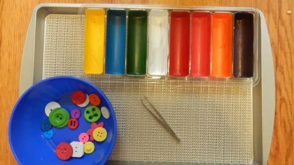 Tweezers, buttons, and a tray of colored compartments.