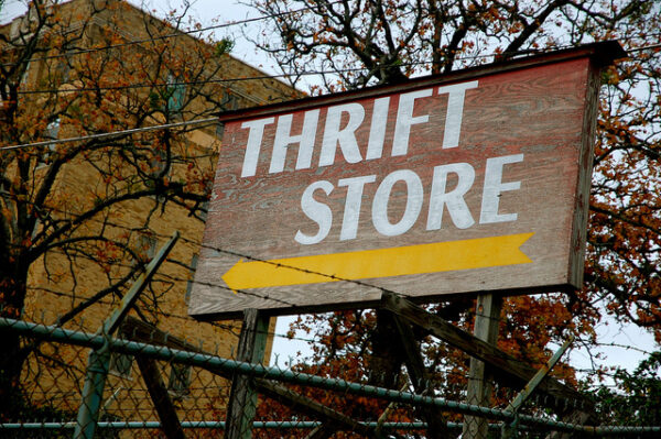 Sign for thrift store. A great place to shop for an environmentally friendly Montessori Christmas!
