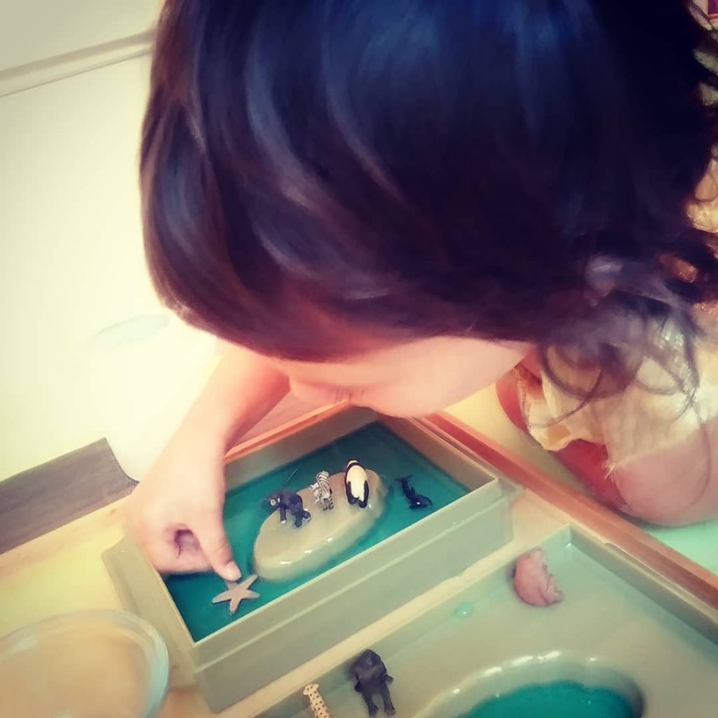 child learning Montessori land and water formations at Montessori homeschool.