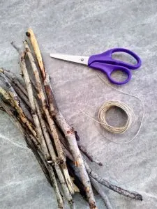 Scissors, twine, and a bundle of twigs.