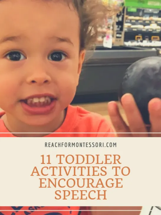 toddler talking about a plum, 11 Toddler Activities to Encourage Speech pinterest image.