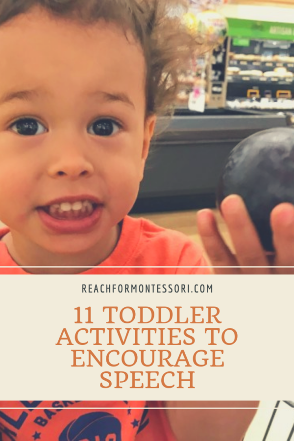 toddler talking about a plum, 11 Toddler Activities to Encourage Speech pinterest image.