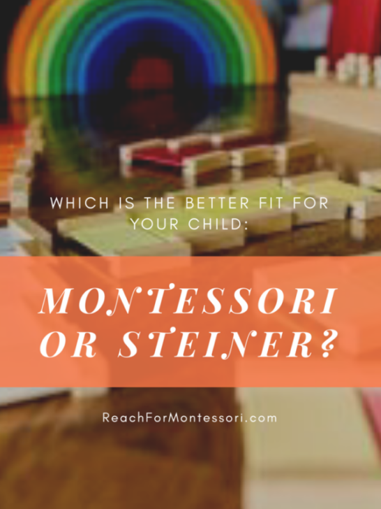 Montessori and Steiner materials in background, Montessori or Steiner pinterest image.