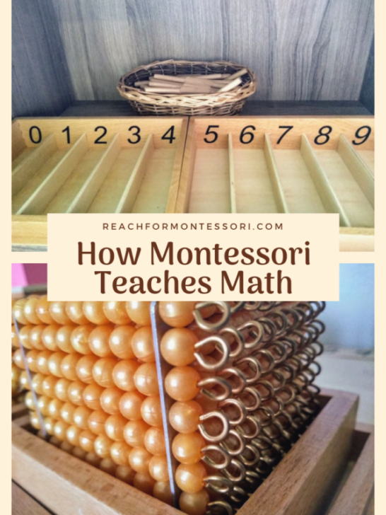 Montessori spindle box and Montessori golden beads, how Montessori teaches math pinterest image.