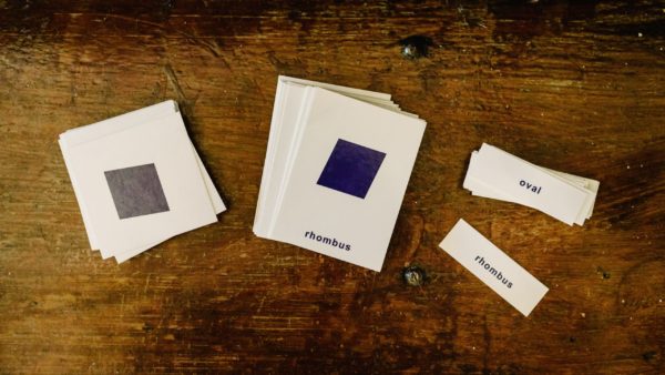 Montessori nomenclature cards, shapes and shape names.