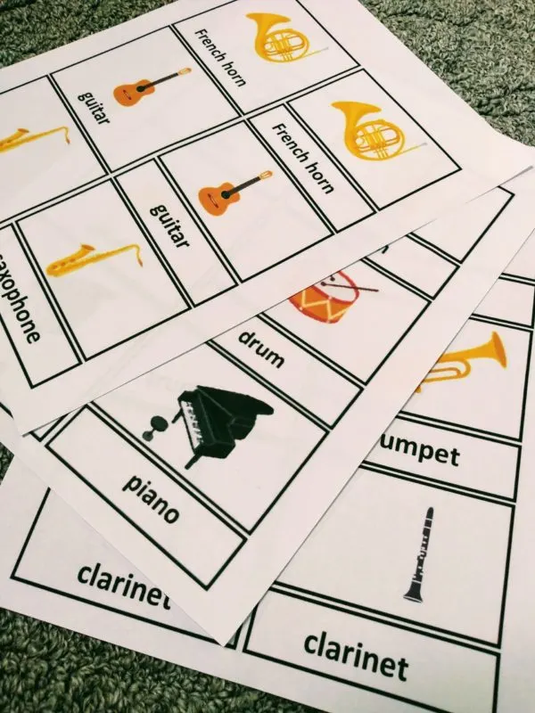 Montessori musical instrument nomenclature cards.