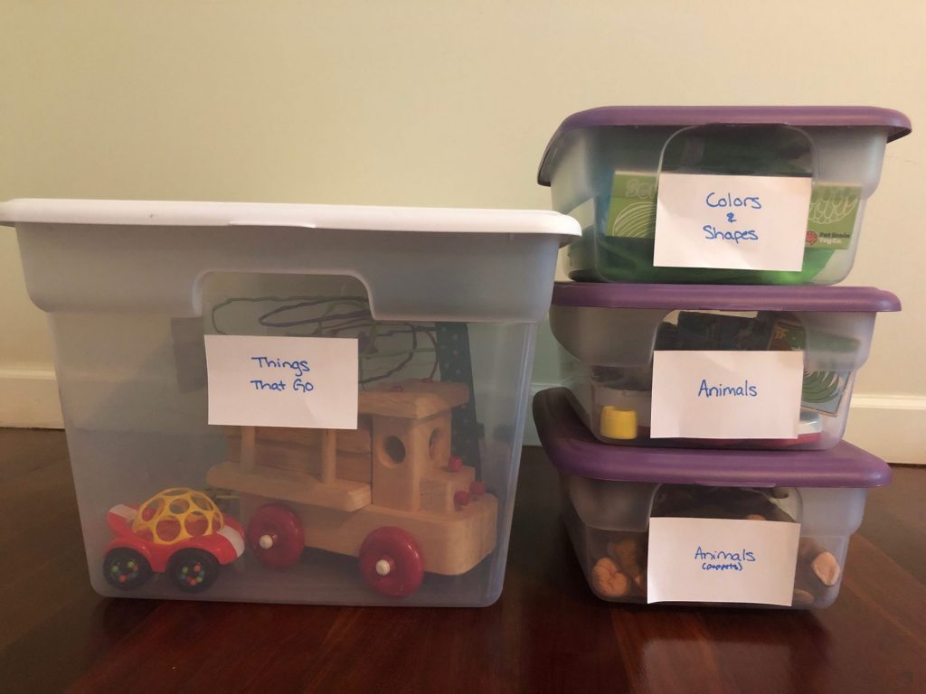 labeled toy rotation storage bins