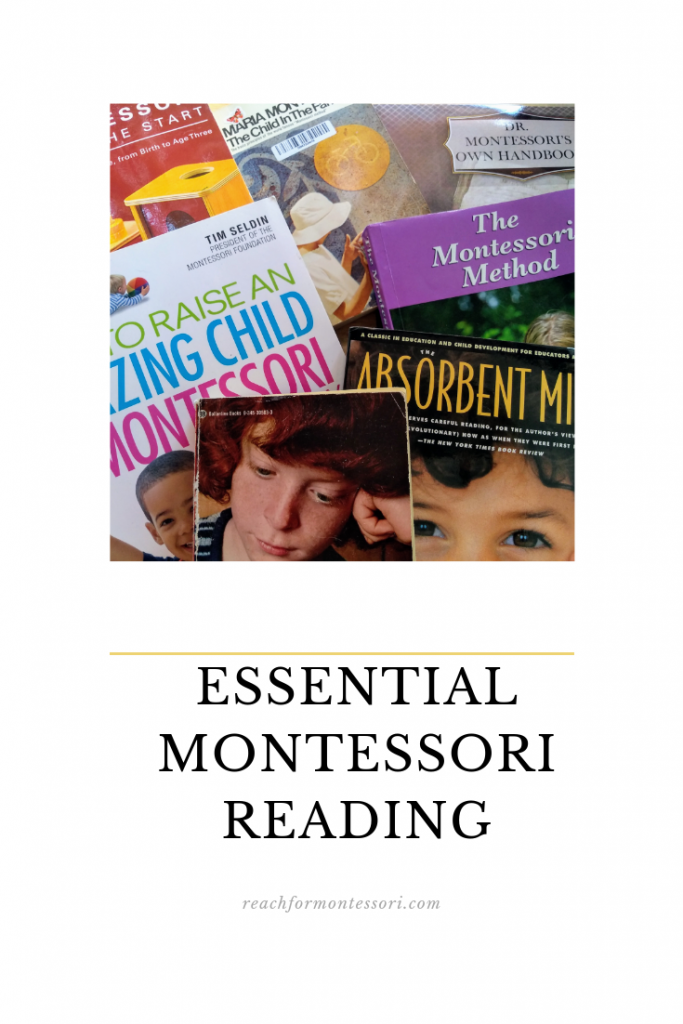 Pile of Montssori books Pinterest image