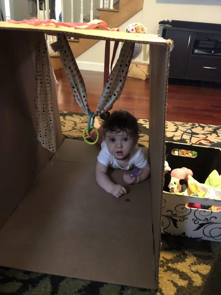 baby crawling through a box