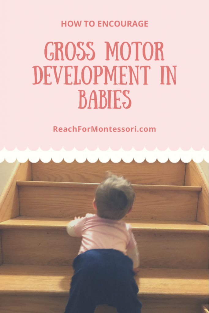 baby climbing stairs, How To Encourage Gross Motor Development in Babies pinterest image.