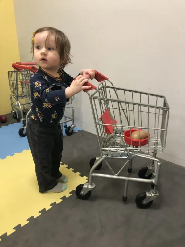 Toddler pushing a toy shopping cart, exhibiting the transporting play schema.