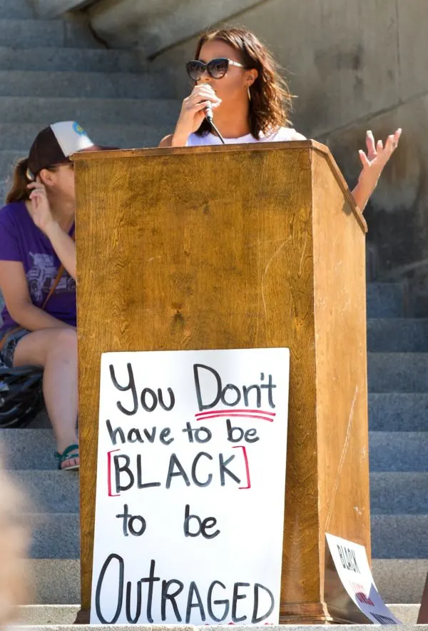 speaker at podium at black lives matter protest
