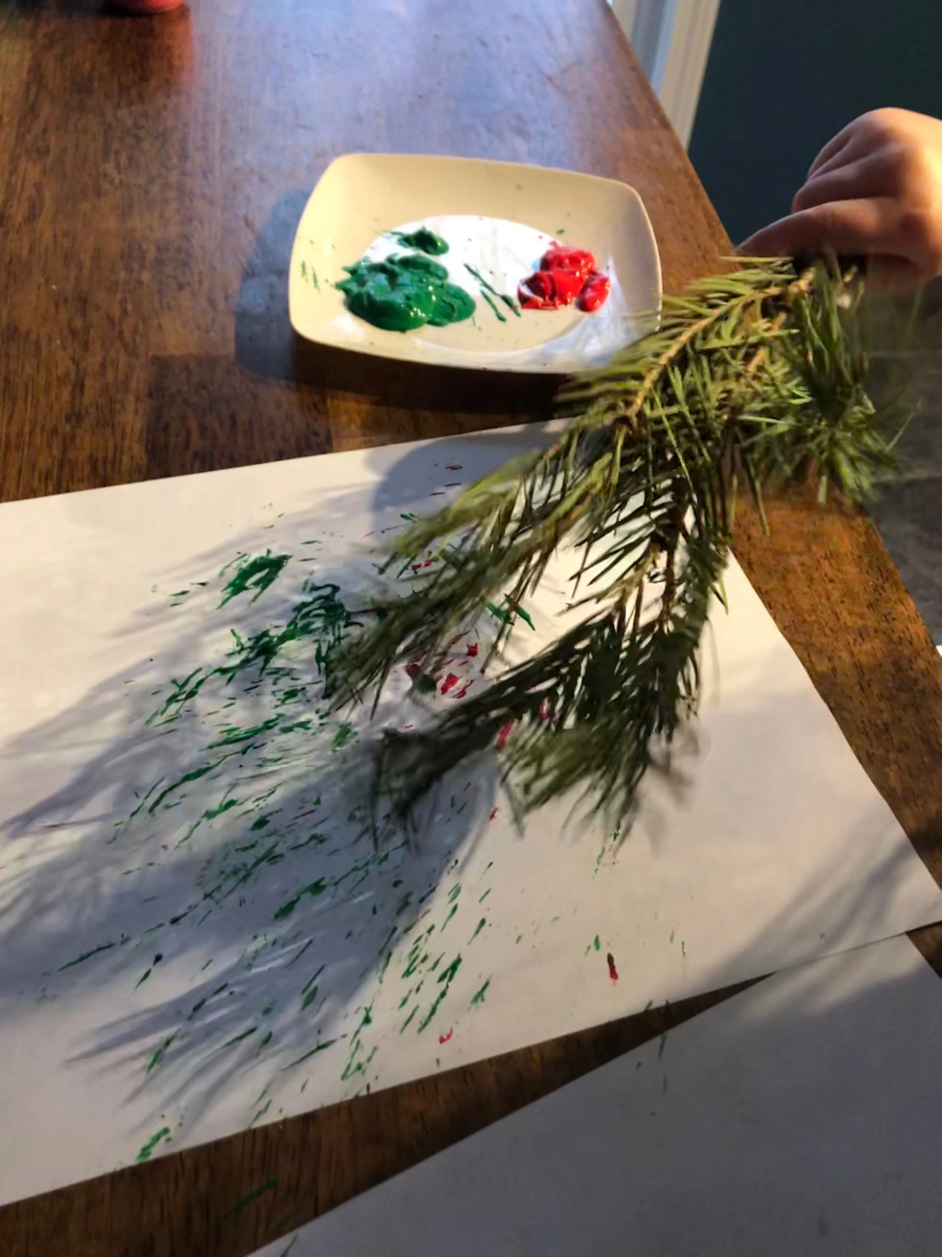 Winter Art Activities for toddlers: pine tree branch painting.