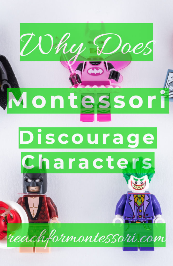 Why does Montessori discourage characters? Pinterest graphic with character toys