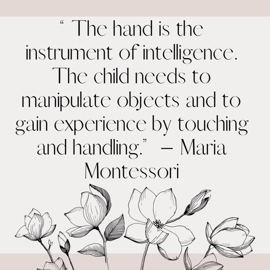 “The hand is the instrument of intelligence. The child needs to manipulate objects and to gain experience by touching and handling.” – Maria Montessori
