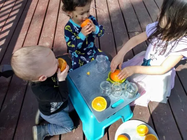 young children outside using hand juicer to make hand squeezed orange juice.