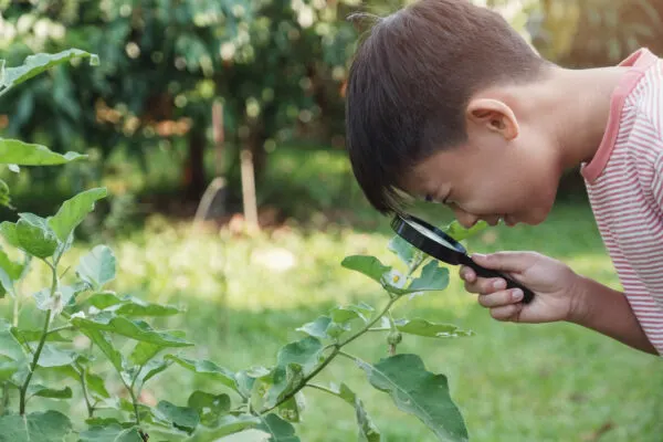 montessori child being creative outdoors.