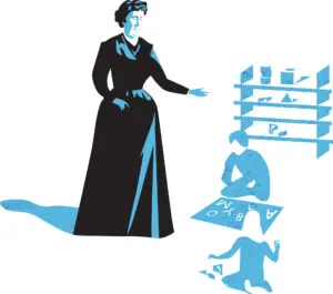 illustration of Maria Montessori teaching in classroom, Maria Montessori facts.