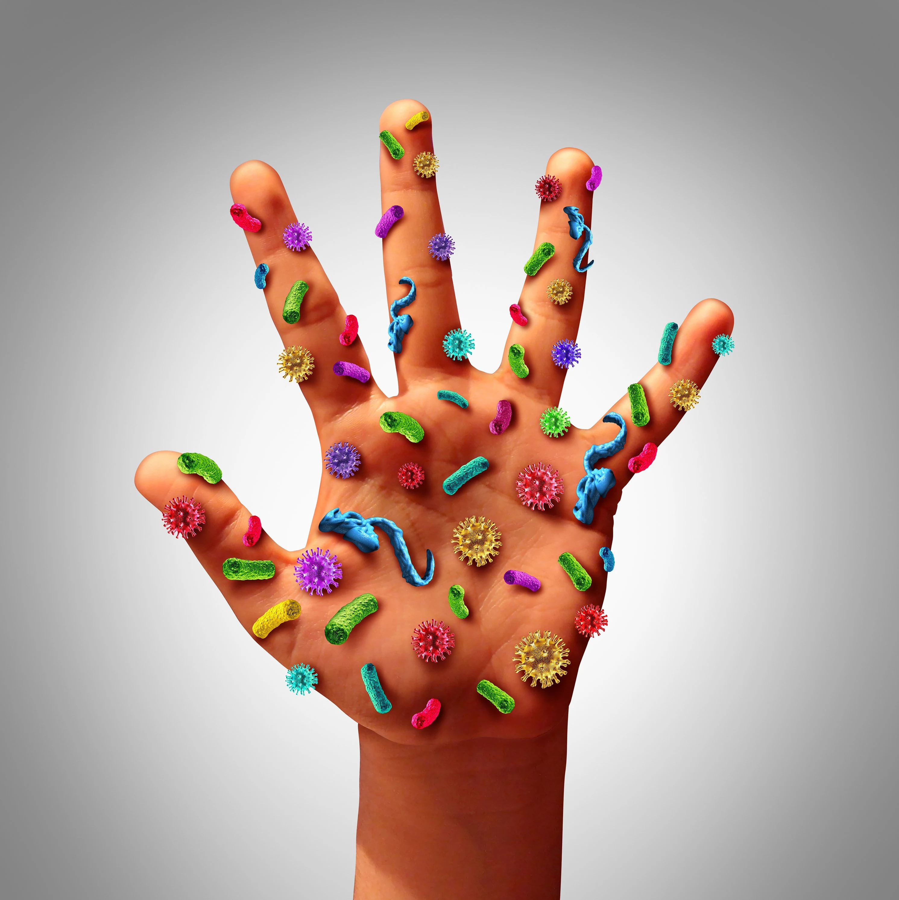 "Hand Washing for kids" image of a hand covered with cartoon germs.
