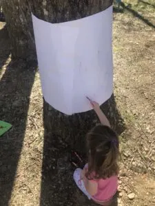 toddler drawing on butcher paper taped on tree trunk for montessori outdoor activities.