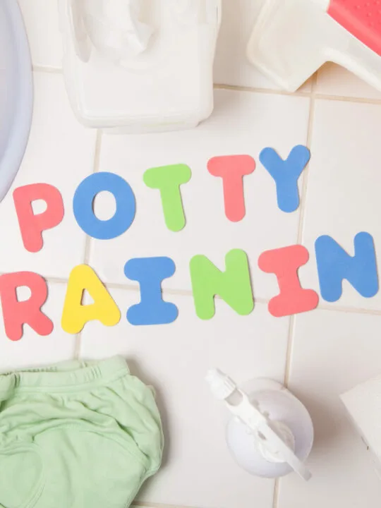 potty training letter near diaper and potty seat.