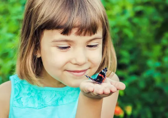 child holding butterfly.