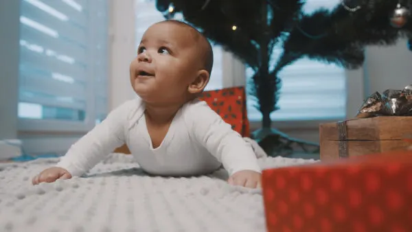 image of happy baby during tummy time.