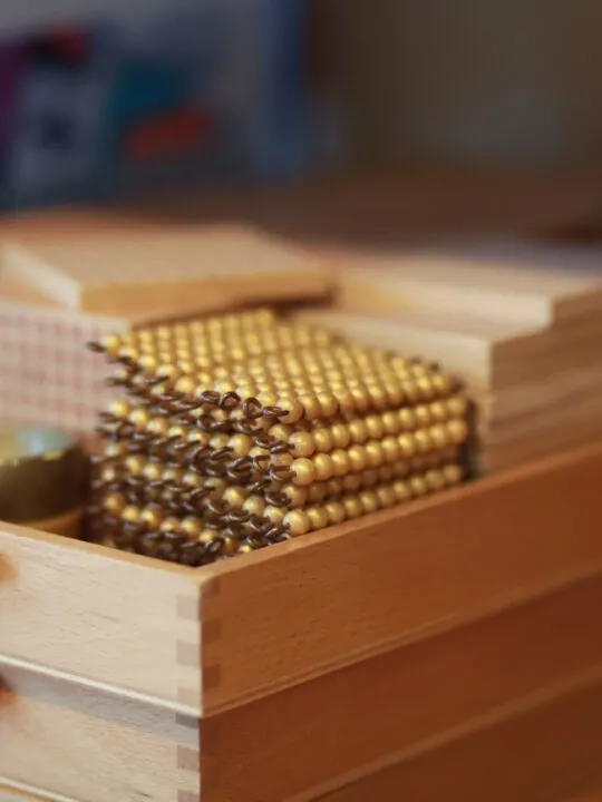 image of Montessori golden bead material, which is used in the change game or exchange game.