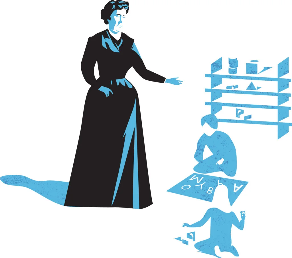image of Maria Montessori and sample Montessori school.