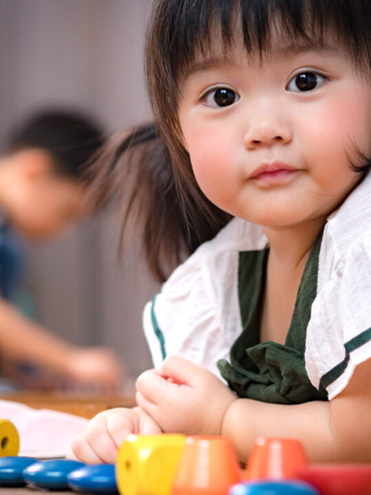 image of a Montessori 3-year-old playing with toys.