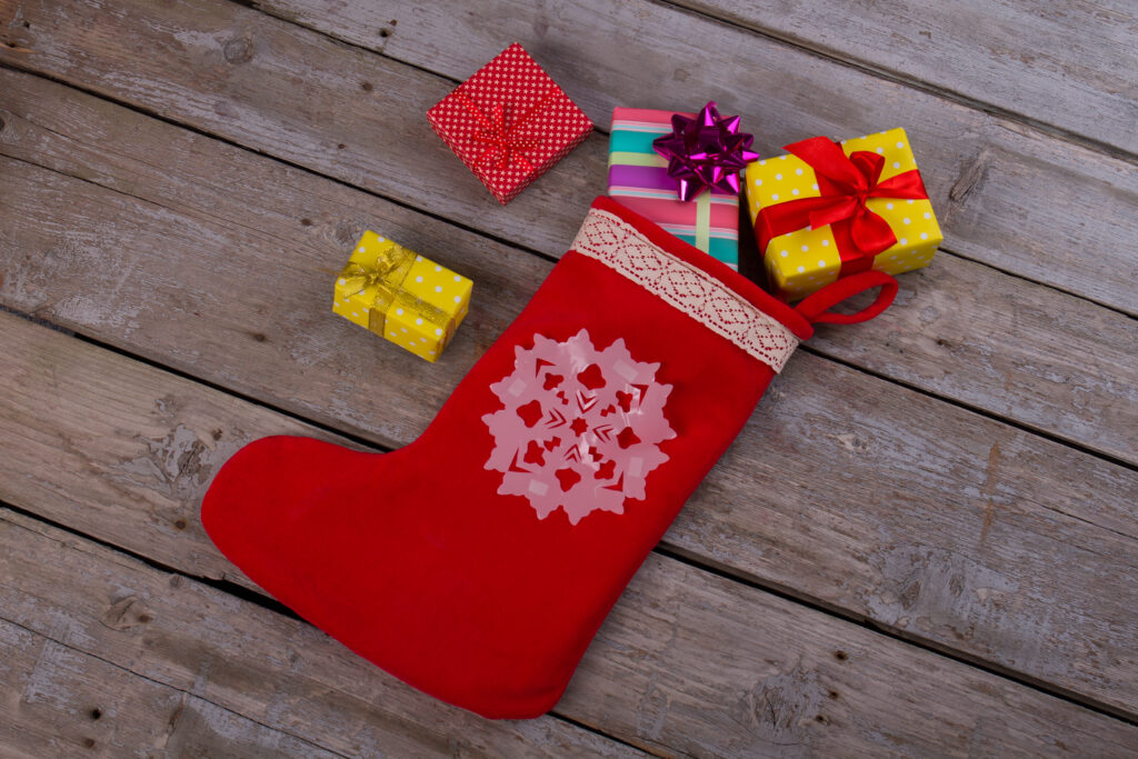 image of christmas stocking filled with Montessori stocking stuffers.