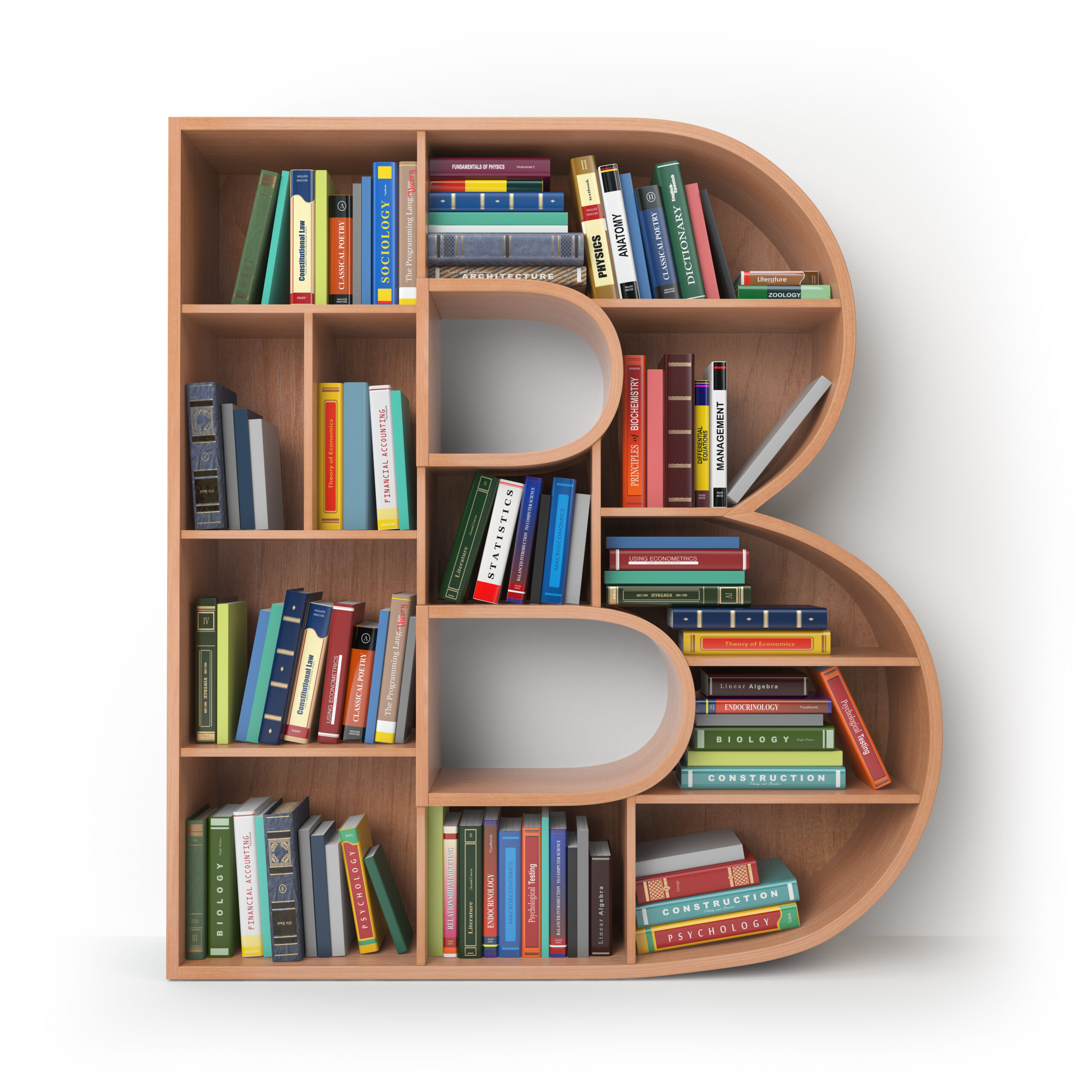 image of bookshelf full of books shaped like the letter b.