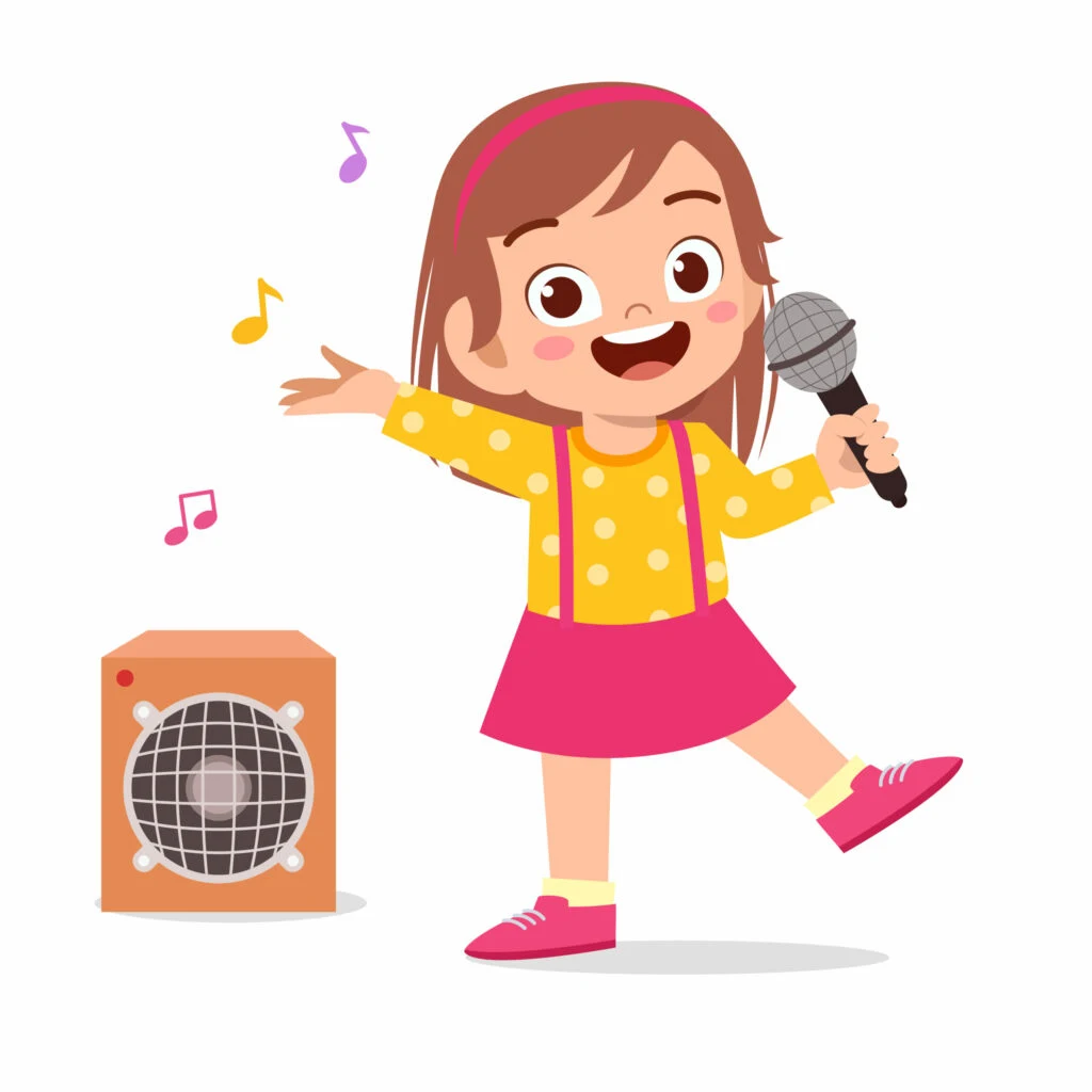 image of child singing letter a songs into microphone.
