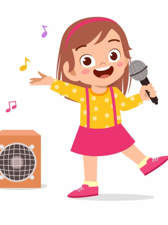 image of child singing letter a songs into microphone.