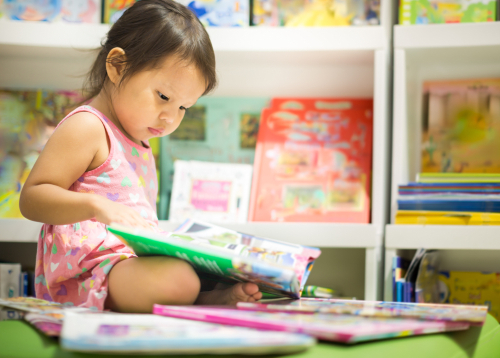 Image of toddler reading book in front of Montessori bookshelf.
