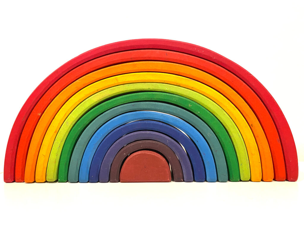 image of one of the popular open ended toys, a grimms rainbow.