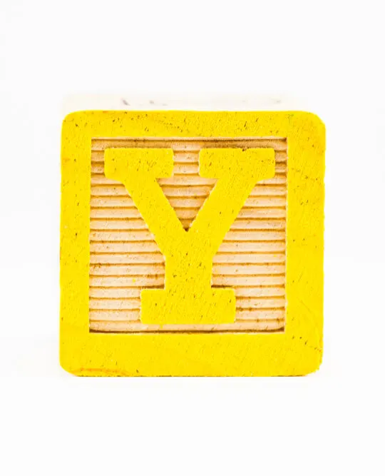 image of a yellow letter Y block for the toys that start with Y post.