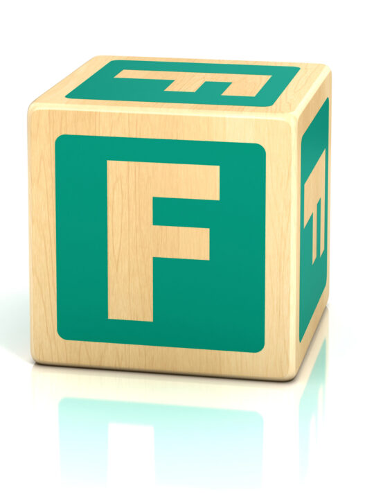 Image of a letter F block, the featured image for the Letter F toys post.