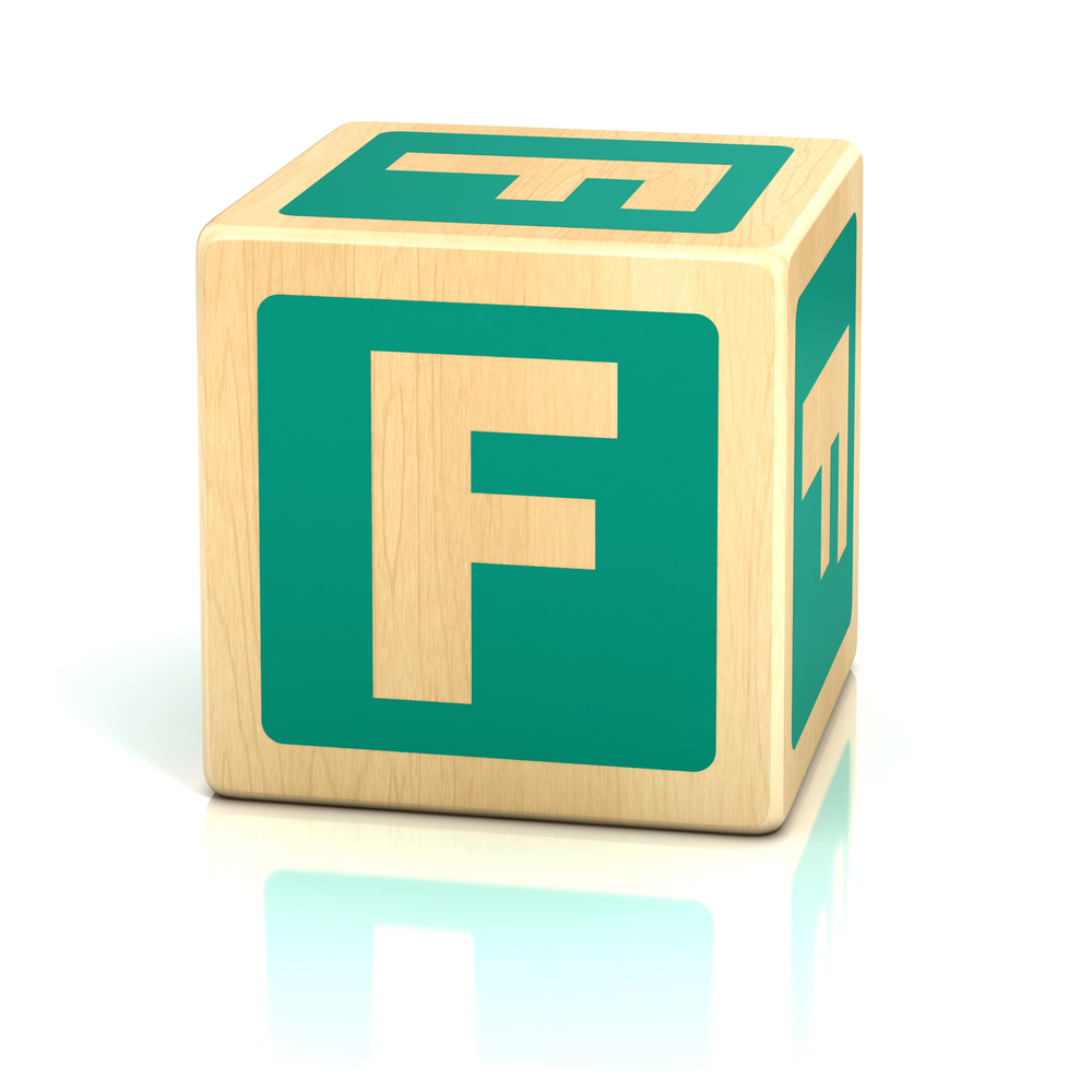 Image of a letter F block, the featured image for the Letter F toys post.