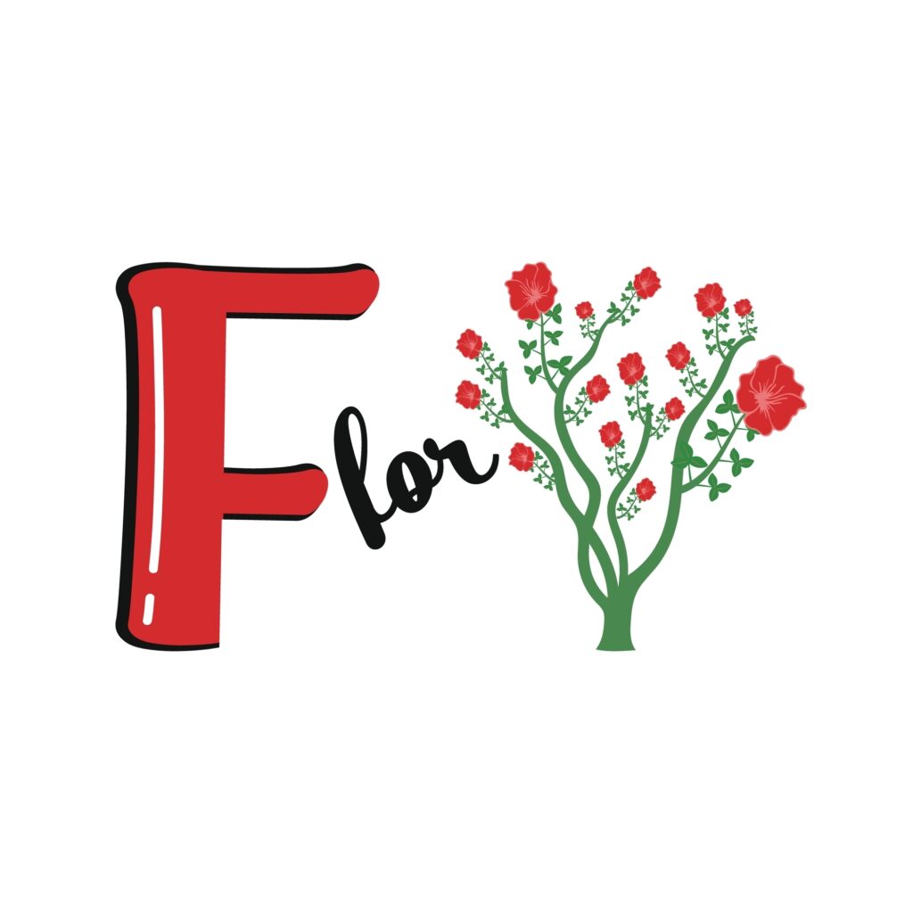 image of vector, the letter F and an image of a bush with flowers for letter F books article.