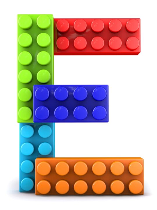 Image of letter E made with lego toys for toys that start with E post.