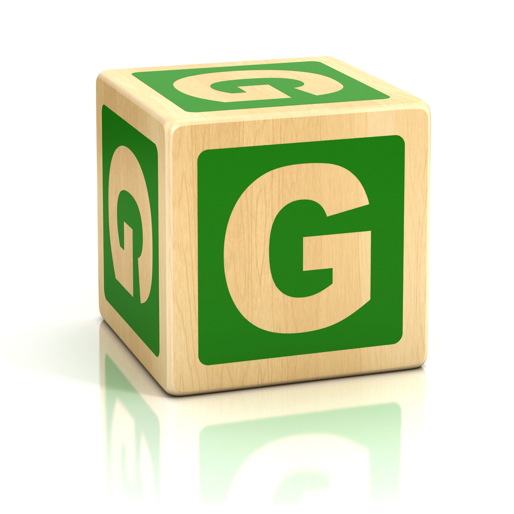 Bild eines Bausteins mit dem Buchstaben G darauf für Spielzeug, das mit G-Post beginnt.