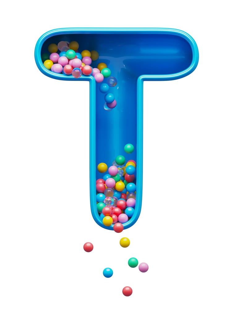 Bild eines Buchstaben-t-Vektorspielzeugs mit auslaufenden Perlen für Spielzeug, das mit t-Post beginnt.