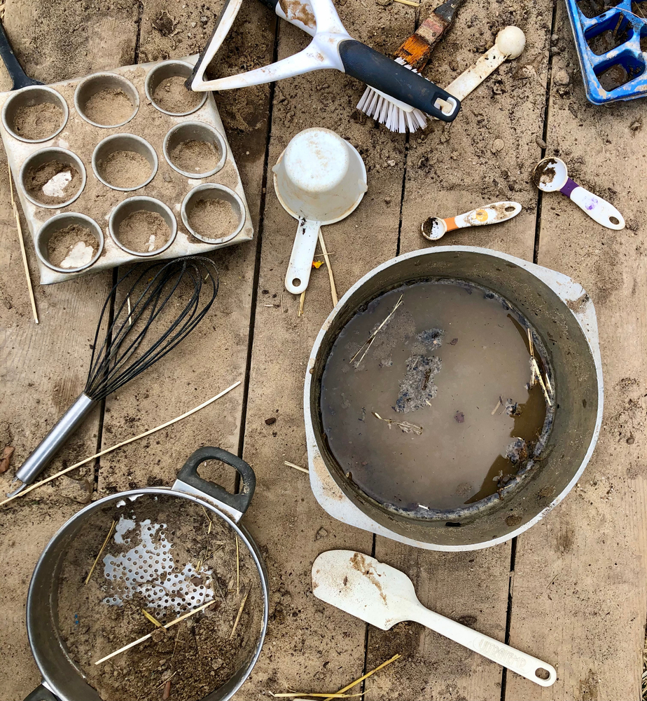 image of pots and pans, mud kitchen accessories.
