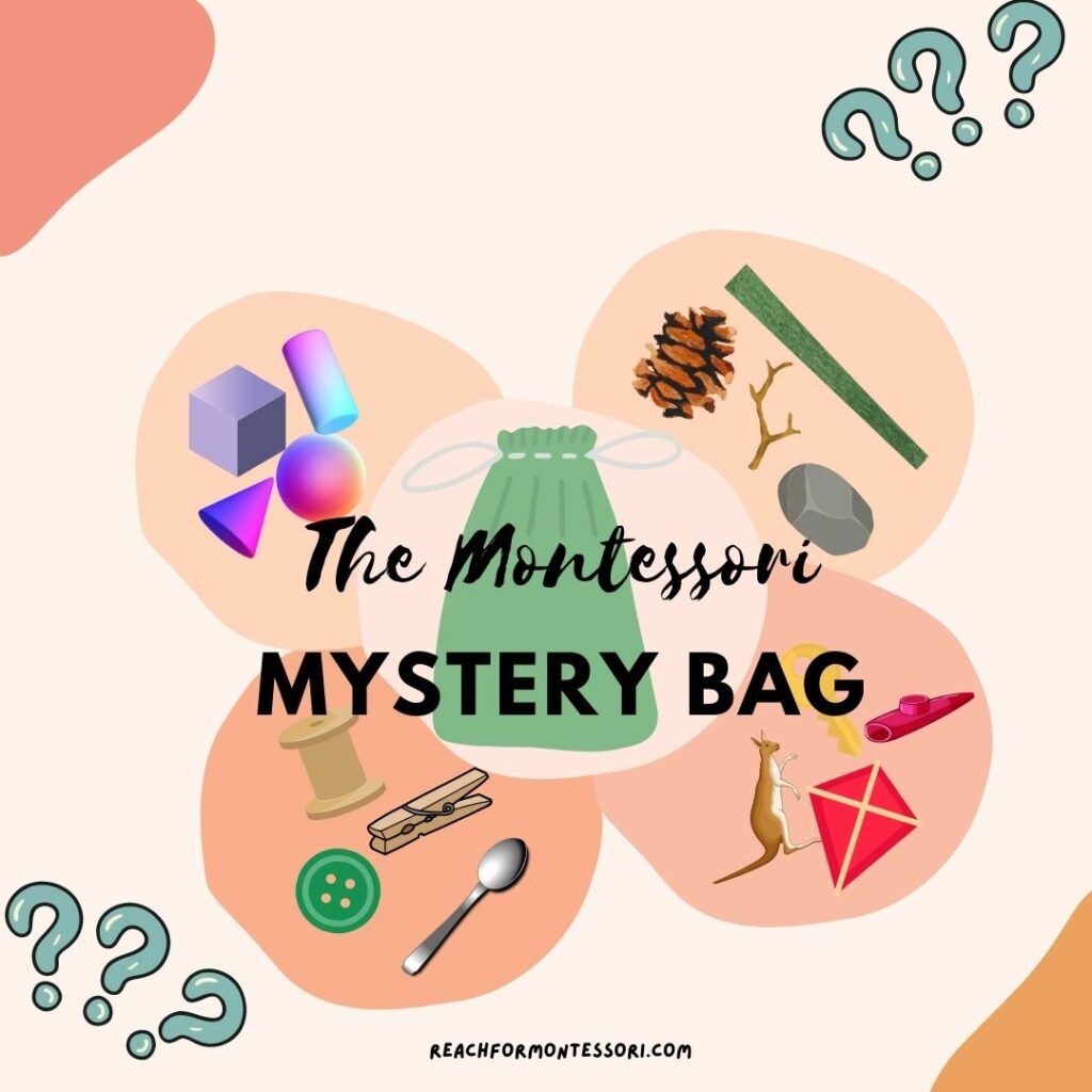 image of text that reads Montessori mystery bag with graphics of shapes, nature items, and other random household items.