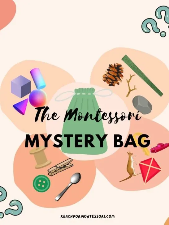 image of text that reads Montessori mystery bag with graphics of shapes, nature items, and other random household items.
