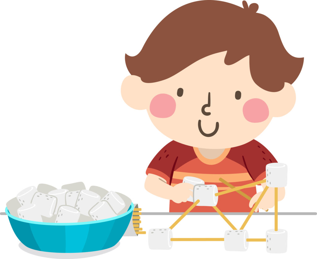 vector image of boy using marshmallows and spaghetti noodles for construction play ideas.