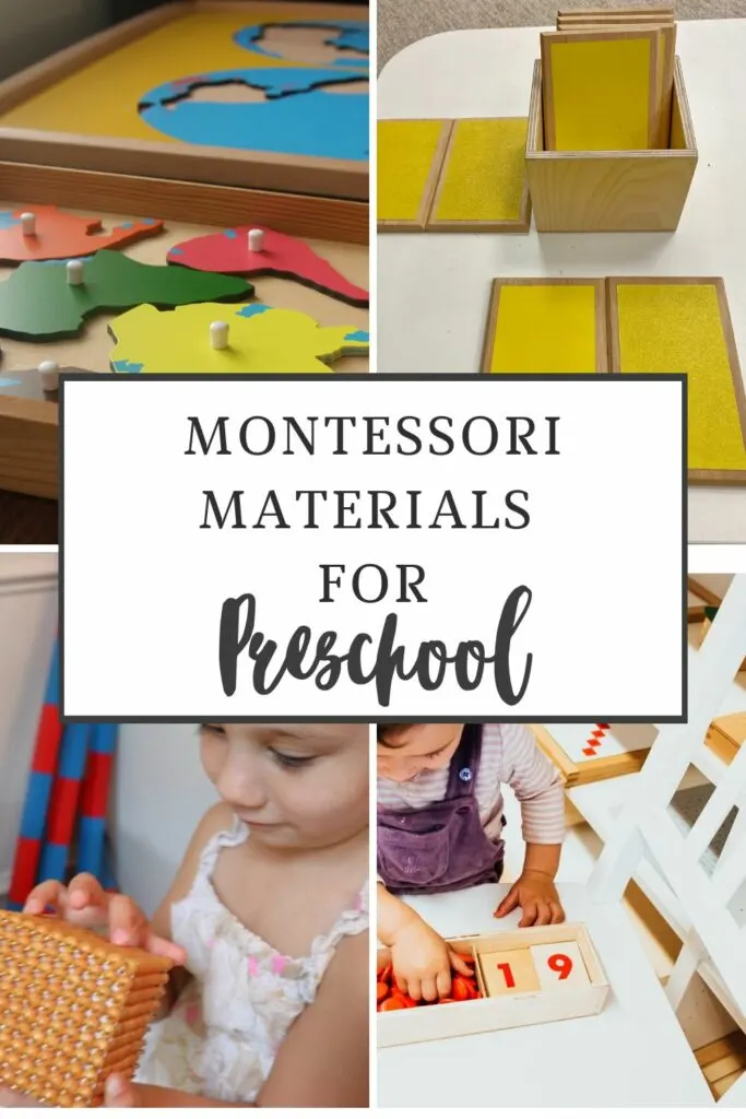 pinterest image of collage of montessori preschool materials.