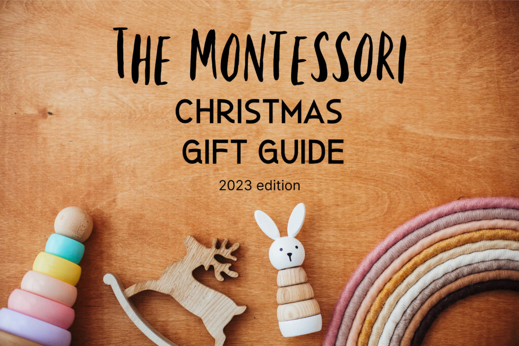 image of wooden background with toys that reads the montessori christmas gift guide 2023 edition.
