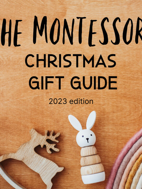 image of wooden background with toys that reads the montessori christmas gift guide 2023 edition.